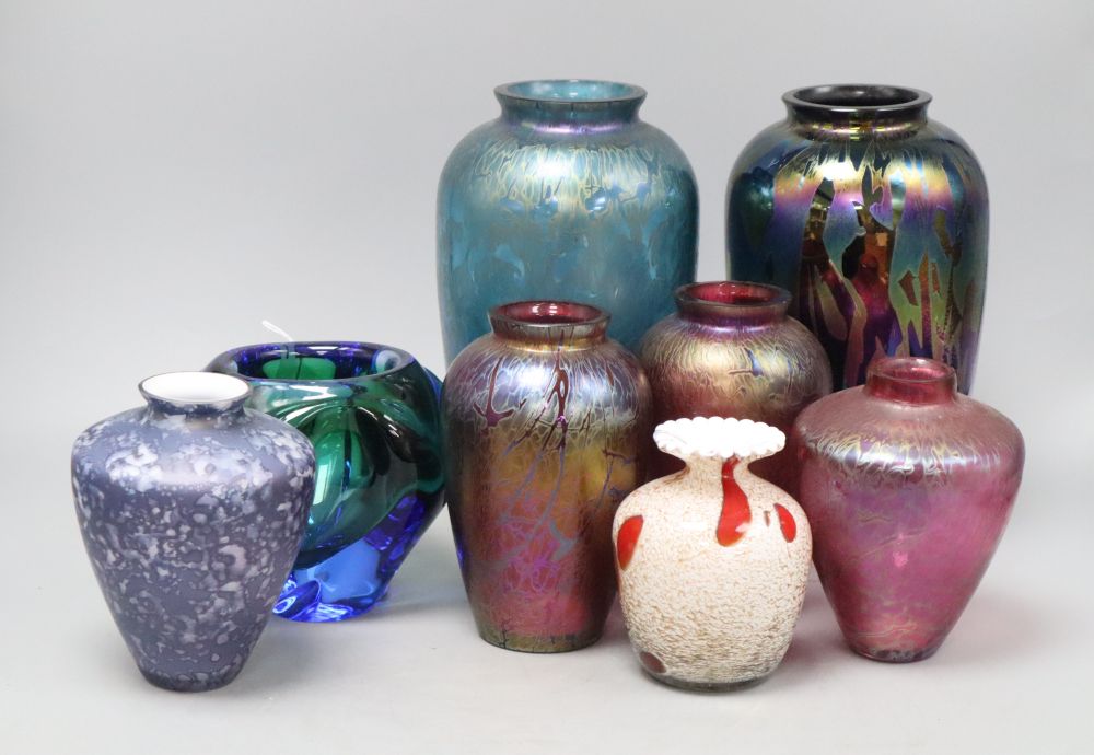 Eight assorted coloured art glass vases including Royal Brierley, tallest 23cm.